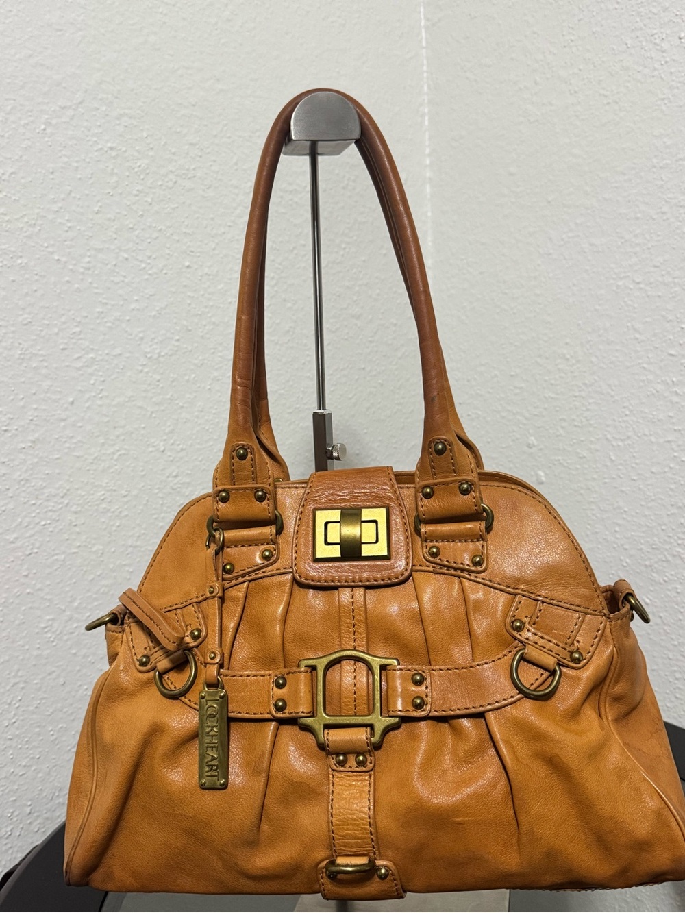 Vintage Lockheart Camel/Tan  Leather Satxhel Bag with heavy  brass Hardware